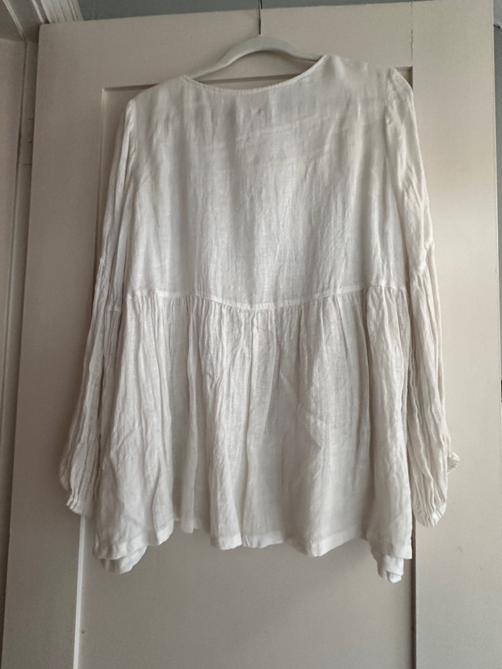 White Linen Peasant Blouse with Gathered Waist - Picture 3 of 8